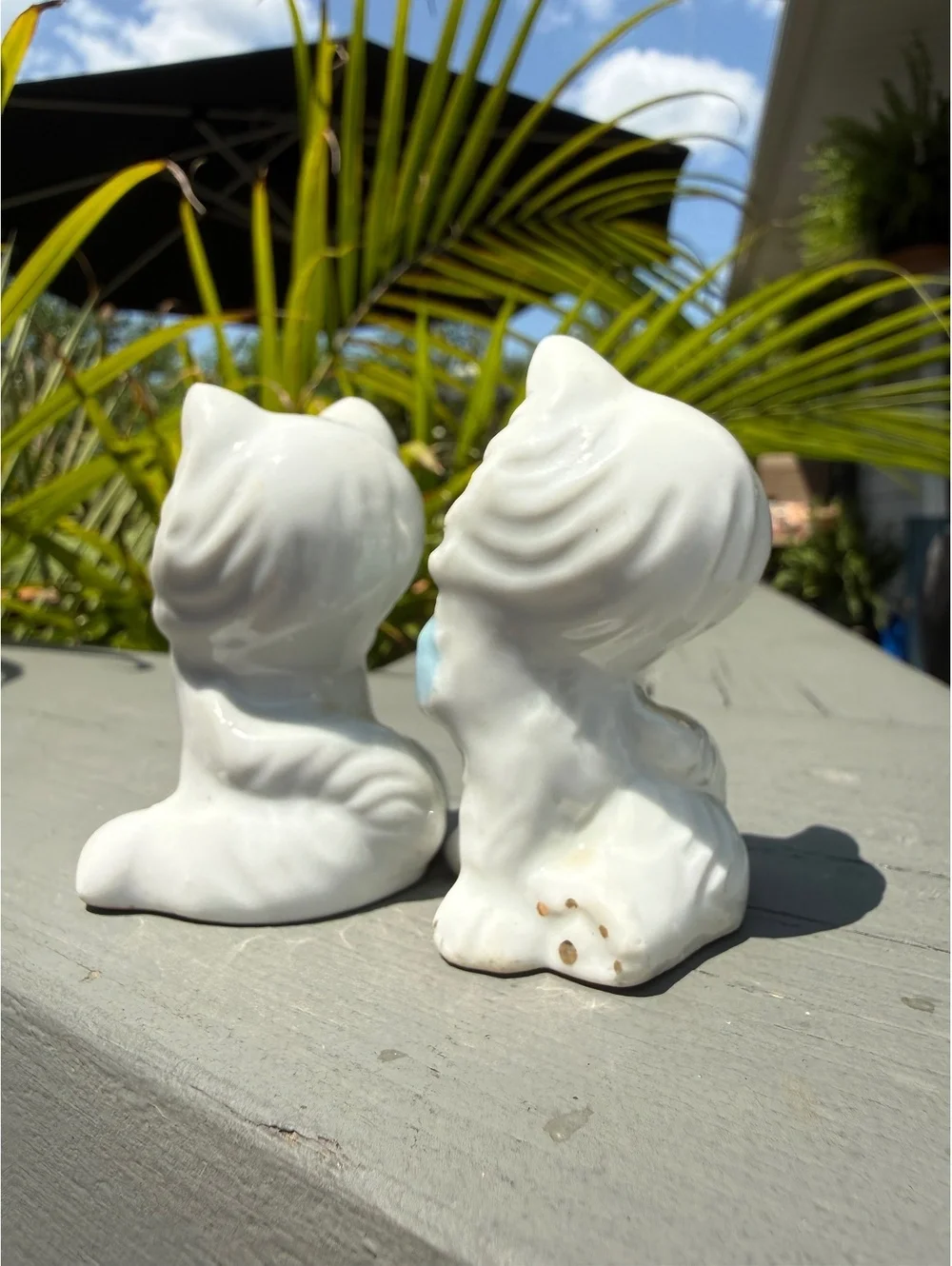 Vintage Japan White Cat Salt & Pepper Shakers Blue Bow Pink Flowers